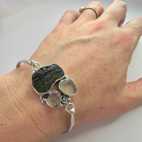 Sterling Silver Moldavite, Herkimer Diamond & LDG Hammered Bracelet | 3.33g | Marouskovo Pole