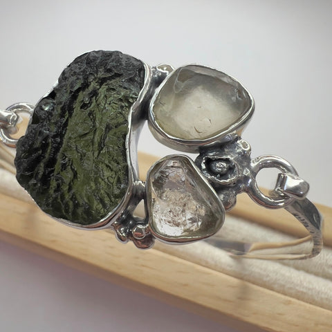 Sterling Silver Moldavite, Herkimer Diamond & LDG Hammered Bracelet | 3.33g | Marouskovo Pole