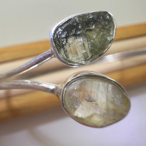 Sterling Silver Moldavite Open Cuff Bracelet with Herkimer Diamond & LDG | 0.35g | Chlum