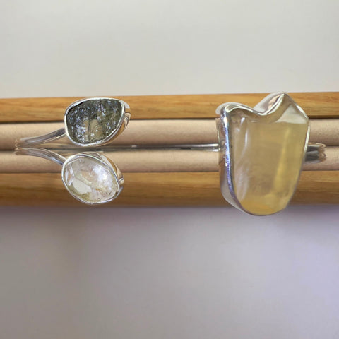 Sterling Silver Moldavite Open Cuff Bracelet with Herkimer Diamond & LDG | 0.35g | Chlum