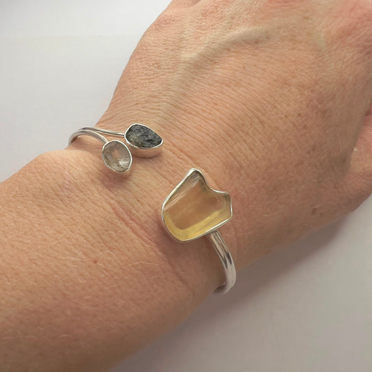 Sterling Silver Moldavite Open Cuff Bracelet with Herkimer Diamond & LDG | 0.35g | Chlum