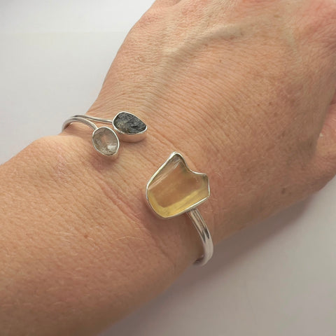 Sterling Silver Moldavite Open Cuff Bracelet with Herkimer Diamond & LDG | 0.35g | Chlum