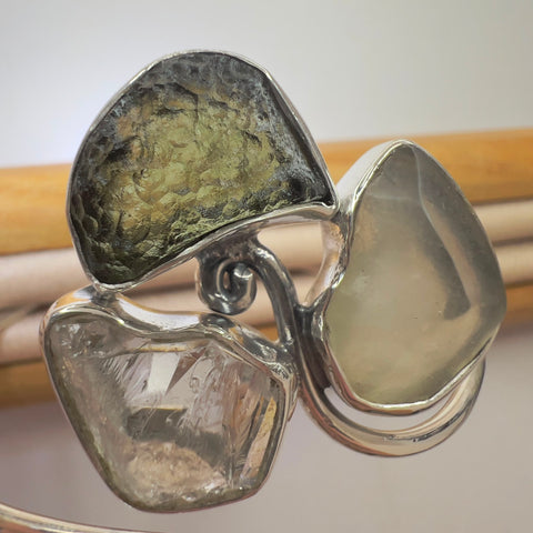 Sterling Silver Moldavite Open Cuff Bracelet with Herkimer Diamond & LDG | 1.2g | Chlum