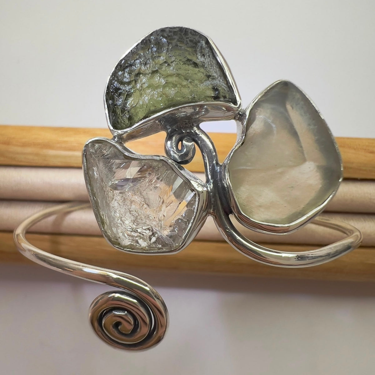 Sterling Silver Moldavite Open Cuff Bracelet with Herkimer Diamond & LDG | 1.2g | Chlum
