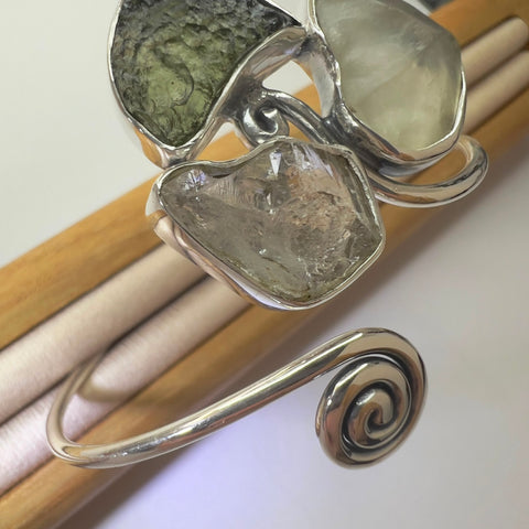 Sterling Silver Moldavite Open Cuff Bracelet with Herkimer Diamond & LDG | 1.2g | Chlum