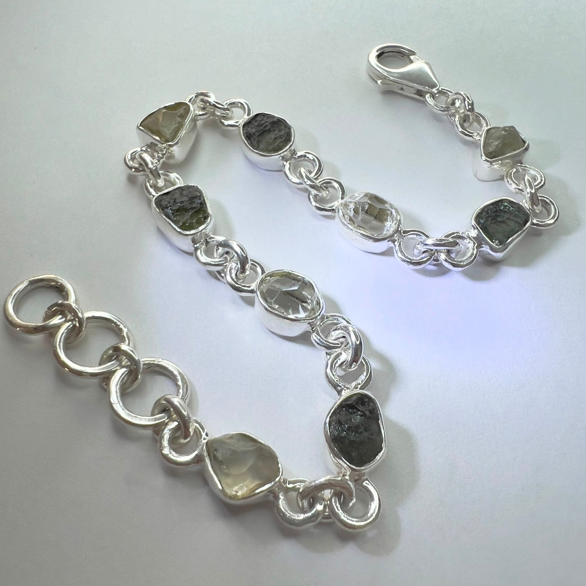 Handcrafted Sterling Silver Link Bracelet with Moldavite, Herkimer Diamond & LDG| 1.2g | Chlum