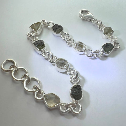 Handcrafted Sterling Silver Link Bracelet with Moldavite, Herkimer Diamond & LDG| 1.2g | Chlum