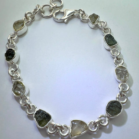 Handcrafted Sterling Silver Link Bracelet with Moldavite, Herkimer Diamond & LDG| 1.2g | Chlum