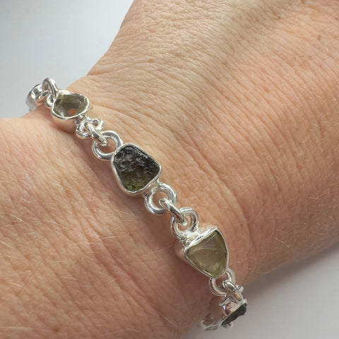 Handcrafted Sterling Silver Link Bracelet with Moldavite, Herkimer Diamond & LDG| 1.2g | Chlum