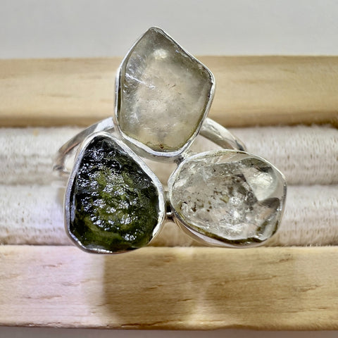 Sterling Silver Moldavite, Herkimer & LDG Ring – Size 9.5 | 0.4g | Chlum