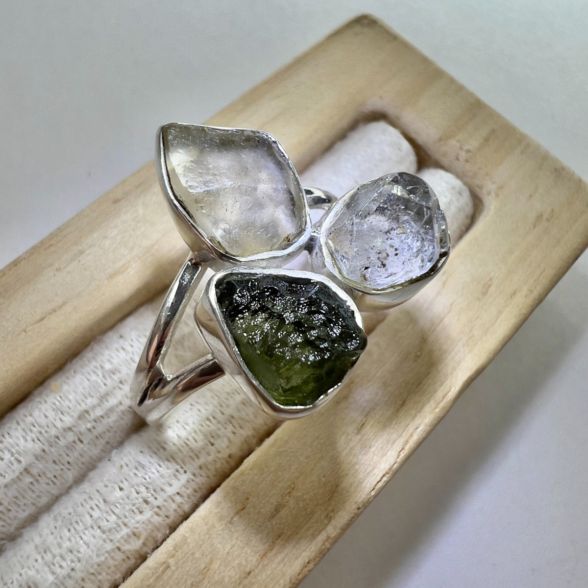 Sterling Silver Moldavite, Herkimer & LDG Ring – Size 9.5 | 0.4g | Chlum