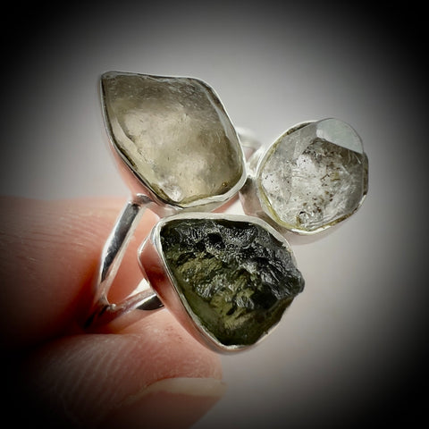 Sterling Silver Moldavite, Herkimer & LDG Ring – Size 9.5 | 0.4g | Chlum