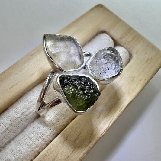 Sterling Silver Moldavite, Herkimer & LDG Ring – Size 9.5 | 0.4g | Chlum