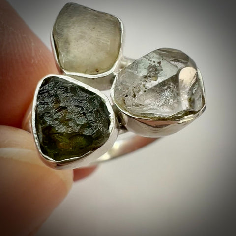 Sterling Silver Moldavite, Herkimer & LDG Ring – Size 9.5 | 0.4g | Chlum