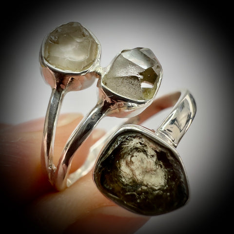 Sterling Silver Moldavite, Herkimer & LDG Ring – Size 9 | 0.4g | Chlum