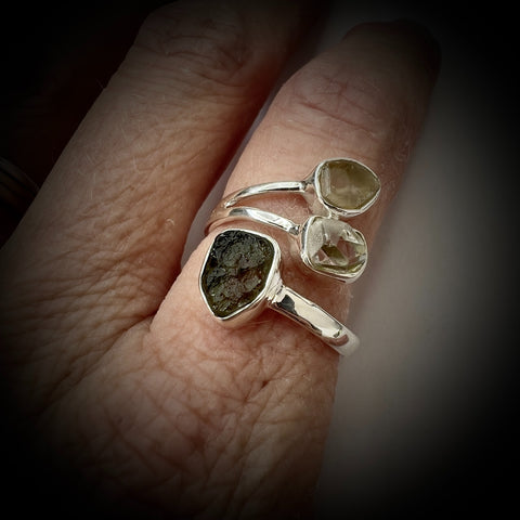 Sterling Silver Moldavite, Herkimer & LDG Ring – Size 9 | 0.4g | Chlum