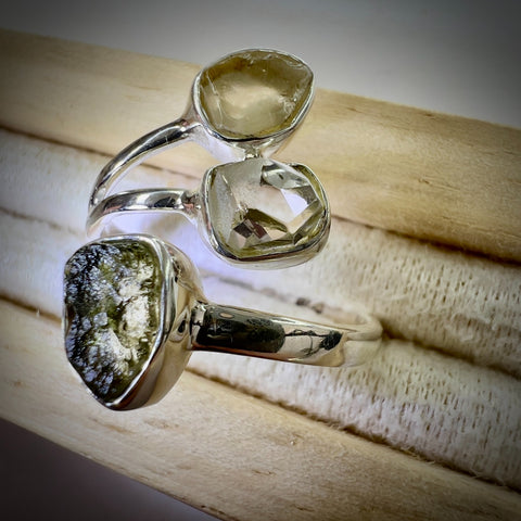 Sterling Silver Moldavite, Herkimer & LDG Ring – Size 9 | 0.4g | Chlum