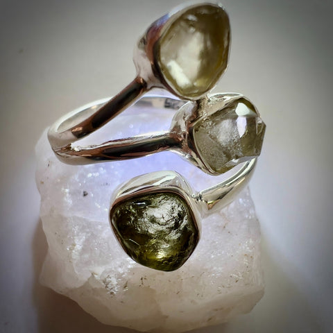 Sterling Silver Moldavite, Herkimer & LDG Ring – Size 9 | 0.4g | Chlum