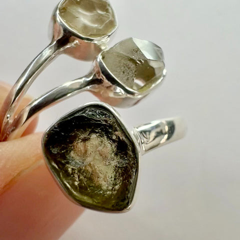 Sterling Silver Moldavite, Herkimer & LDG Ring – Size 9 | 0.4g | Chlum