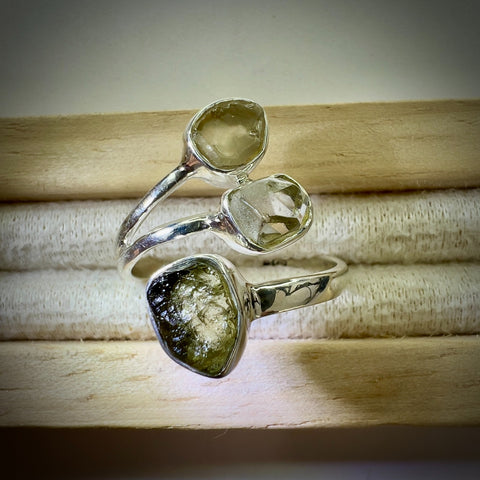 Sterling Silver Moldavite, Herkimer & LDG Ring – Size 9 | 0.4g | Chlum