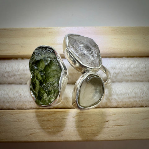 Sterling Silver Moldavite, Herkimer & LDG Ring – Size 9 | 0.9g | Marouskovo Pole