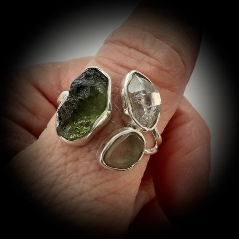 Sterling Silver Moldavite, Herkimer & LDG Ring – Size 9 | 0.9g | Marouskovo Pole