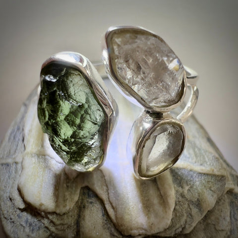 Sterling Silver Moldavite, Herkimer & LDG Ring – Size 9 | 0.9g | Marouskovo Pole