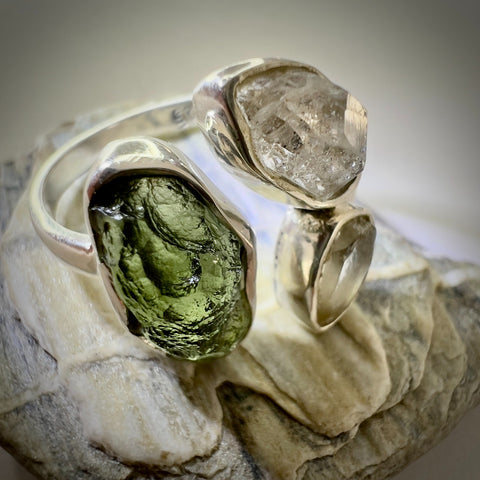 Sterling Silver Moldavite, Herkimer & LDG Ring – Size 9 | 0.9g | Marouskovo Pole