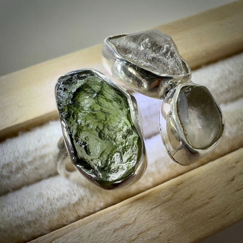 Sterling Silver Moldavite, Herkimer & LDG Ring – Size 9 | 0.9g | Marouskovo Pole