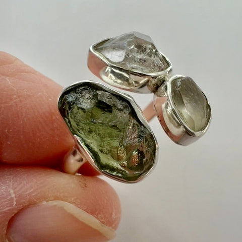 Sterling Silver Moldavite, Herkimer & LDG Ring – Size 9 | 0.9g | Marouskovo Pole