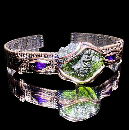 Moldavite & Copper Bracelet - Amethyst Accents