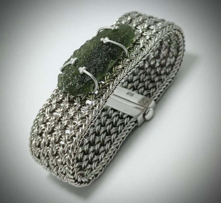 "Celestial Timepiece" Moldavite/Silver Bracelet.