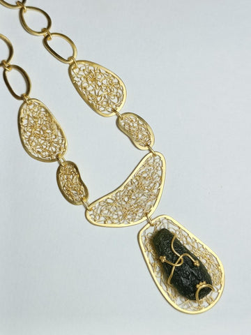 Ornate Moldavite Necklace - Gold plated Sterling silver
