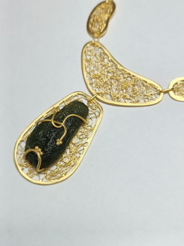 Ornate Moldavite Necklace - Gold plated Sterling silver