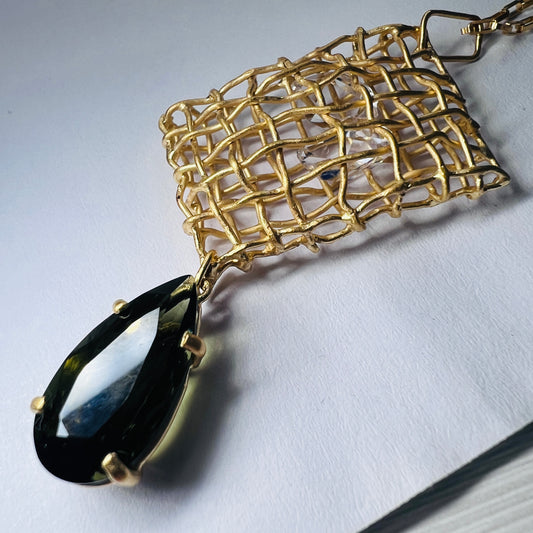 Gold Plated Sterling Silver Moldavite Necklace | 0.92g | Chlum