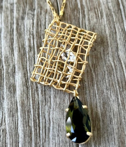 Gold Plated Sterling Silver Moldavite Necklace | 0.92g | Chlum