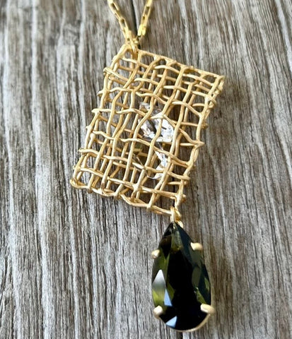 Gold Plated Sterling Silver Moldavite Necklace | 0.92g | Chlum